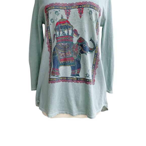 Lucky Brand Top S Elephant Ride Boho Graphic Print Pullover 3/4 Sleeve Knit Tee - Picture 3 of 9